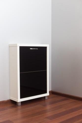 Обувница Люкс 2 секции белый шагрень/стекло черное